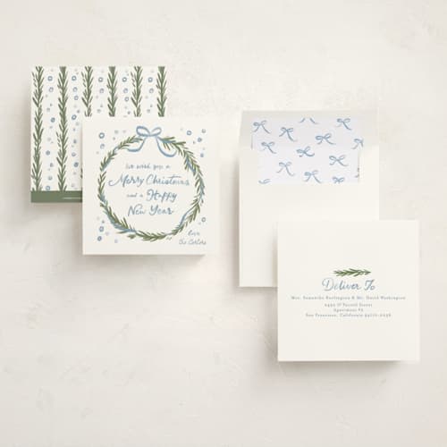 This is a blue spruce non photo holiday cards with standard by Creo Study called handmade wreath printing on signature in standard