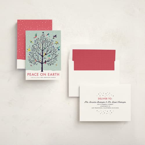 This is a winter sky non photo holiday cards with standard by Eve Schultz called peace on earth printing on signature in standard