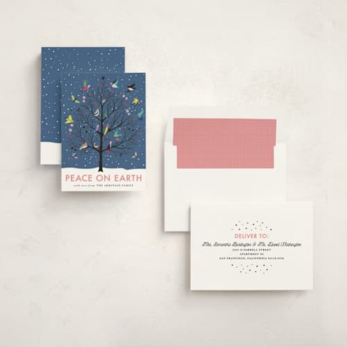 This is a winter dusk non photo holiday cards with standard by Eve Schultz called peace on earth printing on signature in standard