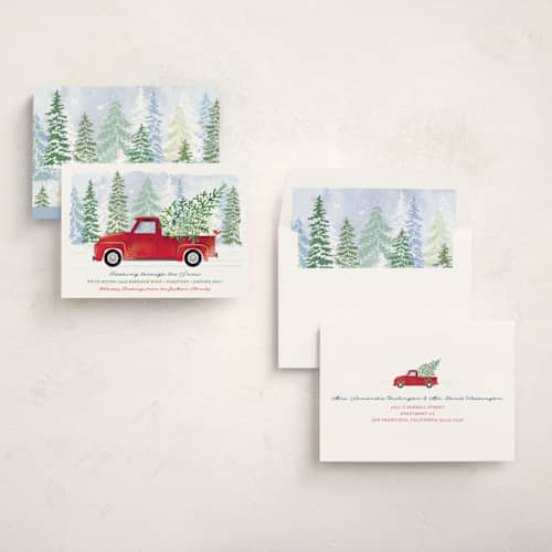 This is a cranberry non photo holiday cards with standard by Paper Sun Studio called dashing through the snow printing on signature in standard