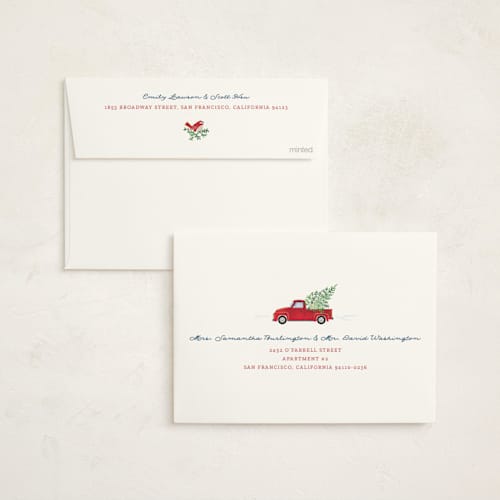 This is a cranberry non photo holiday cards with standard by Paper Sun Studio called dashing through the snow printing on signature in standard