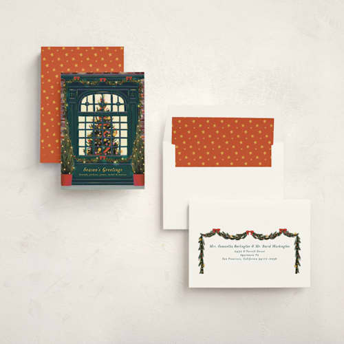 This is a dark turquoise non photo holiday cards with standard by Becky Nimoy called christmas window printing on signature in standard