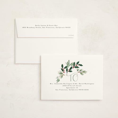 This is a mint non photo holiday cards with standard by Rebecca Durflinger called a very merry christmas botanicals printing on signature in standard