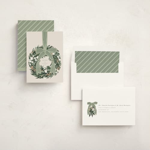 This is a sage non photo holiday cards with standard by Leah Bisch called big bow printing on signature in standard