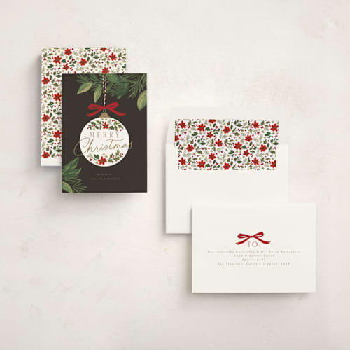 This is a coal non photo holiday cards with standard by Everett Paper Goods called ornament branch printing on signature in standard