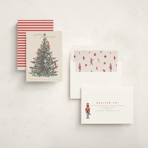 This is a caramel non photo holiday cards with standard by Teju Reval called nutcracker tree printing on signature in standard