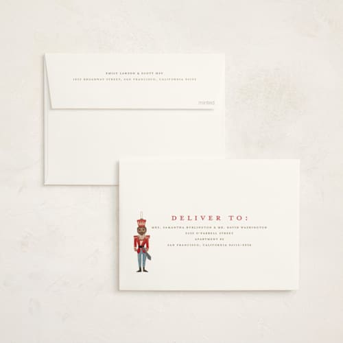 This is a caramel non photo holiday cards with standard by Teju Reval called nutcracker tree printing on signature in standard