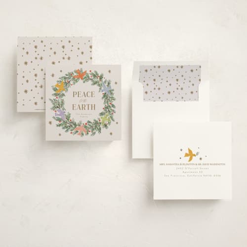 This is a gingerbread non photo holiday cards with standard by Cass Loh called peace dove pine wreath printing on signature in standard