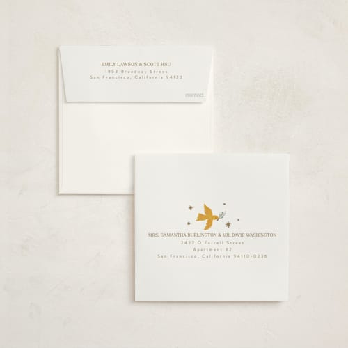 This is a gingerbread non photo holiday cards with standard by Cass Loh called peace dove pine wreath printing on signature in standard