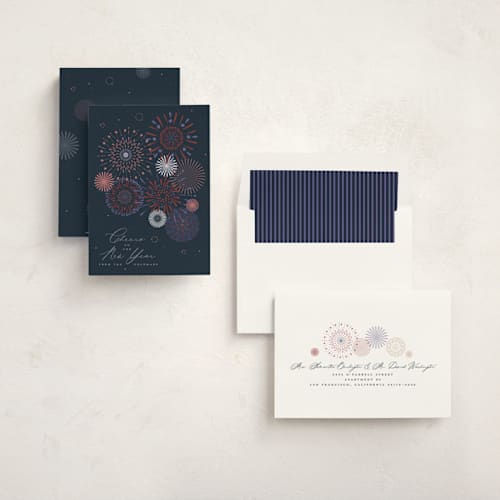 This is a twilight non photo holiday cards with standard by Kamala Nahas called fancy fireworks printing on signature in standard