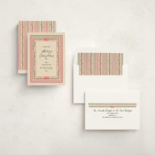 This is a santa suit non photo holiday cards with standard by Creo Study called embroidered heritage printing on signature in standard