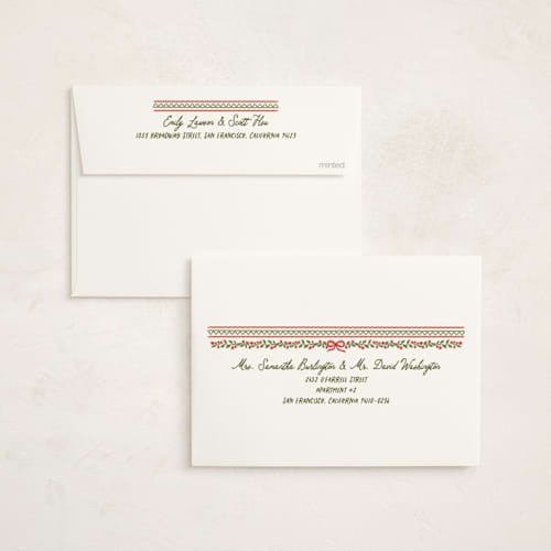 This is a santa suit non photo holiday cards with standard by Creo Study called embroidered heritage printing on signature in standard