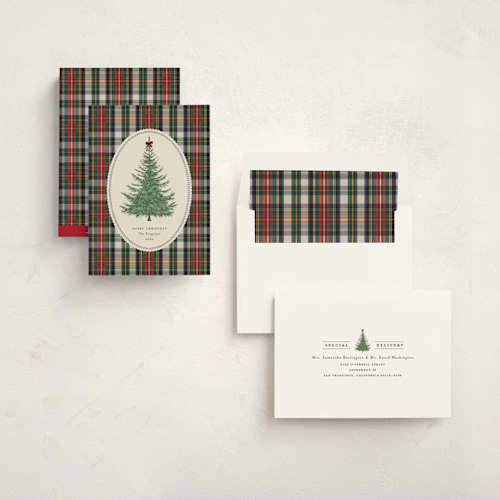 This is a peppermint non photo holiday cards with standard by Heather Schertzer called plaid tree printing on signature in standard