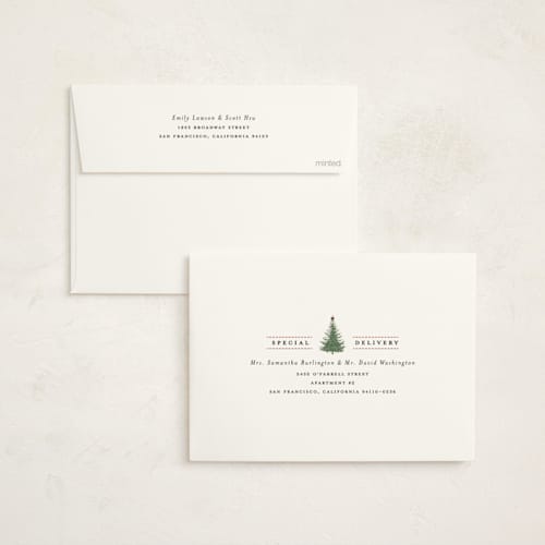 This is a peppermint non photo holiday cards with standard by Heather Schertzer called plaid tree printing on signature in standard