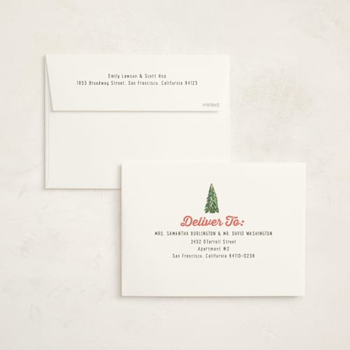 This is a berry non photo holiday cards with standard by Teju Reval called festive village printing on signature in standard