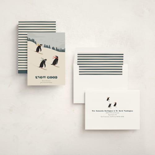 This is a tutti frutti non photo holiday cards with standard by Kampai Designs called skiing penguins printing on signature in standard