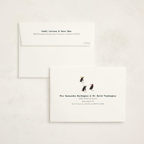 This is a tutti frutti non photo holiday cards with standard by Kampai Designs called skiing penguins printing on signature in standard