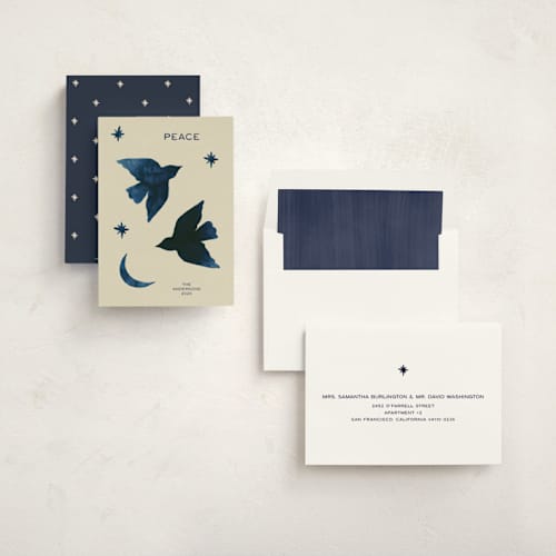This is a indigo non photo holiday cards with standard by Ani Somi called quiet sky printing on signature in standard