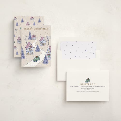 This is a winter spruce non photo holiday cards with standard by Cass Loh called snowy village drive printing on signature in standard