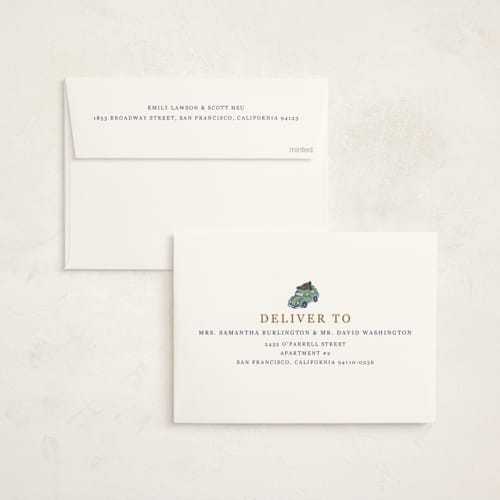 This is a winter spruce non photo holiday cards with standard by Cass Loh called snowy village drive printing on signature in standard