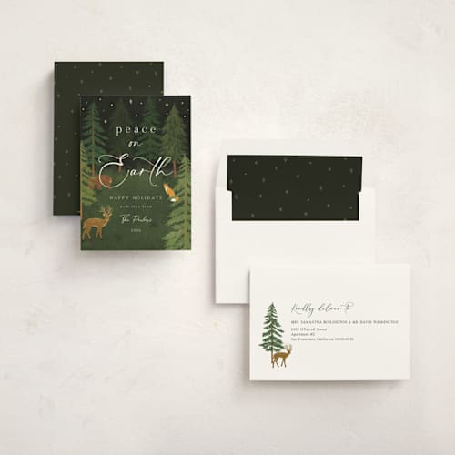 This is a forest non photo holiday cards with standard by Elly called woodland peace printing on signature in standard