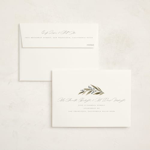 This is a juniper non photo holiday cards with standard by Wildfield Paper Co called holly + cedar printing on signature in standard