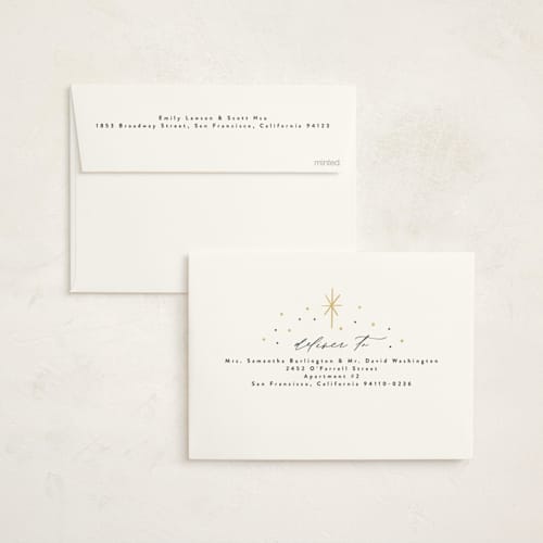 This is a midnight non photo holiday cards with standard by Rebecca Durflinger called nativity printing on signature in standard