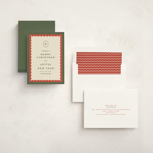 This is a forest non photo holiday cards with standard by Ellen Schlegelmilch called gingham layers printing on signature in standard