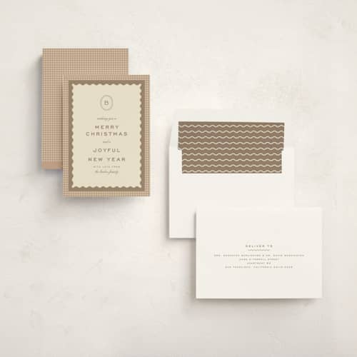 This is a cinnamon non photo holiday cards with standard by Ellen Schlegelmilch called gingham layers printing on signature in standard