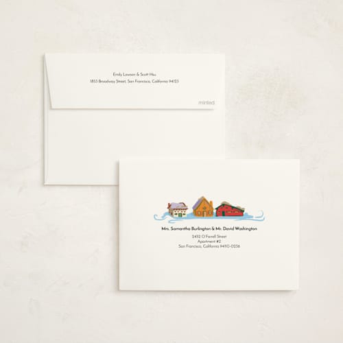 This is a glacier non photo holiday cards with standard by Jess Franks called cozy winter village printing on signature in standard