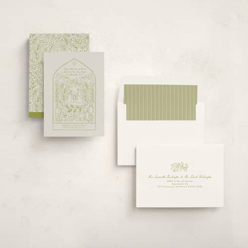 This is a sage non photo holiday cards with standard by Alethea and Ruth called nativity scene printing on signature in standard
