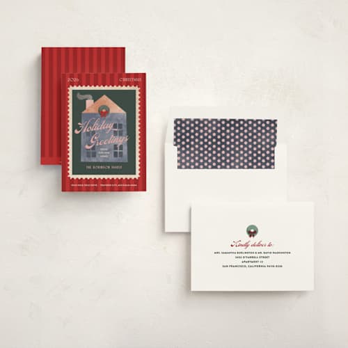 This is a hearth non photo holiday cards with standard by Pixel and Hank called holiday house printing on signature in standard