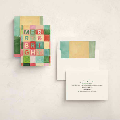 This is a pine non photo holiday cards with standard by Lindsay Megahed called bright blocks printing on signature in standard