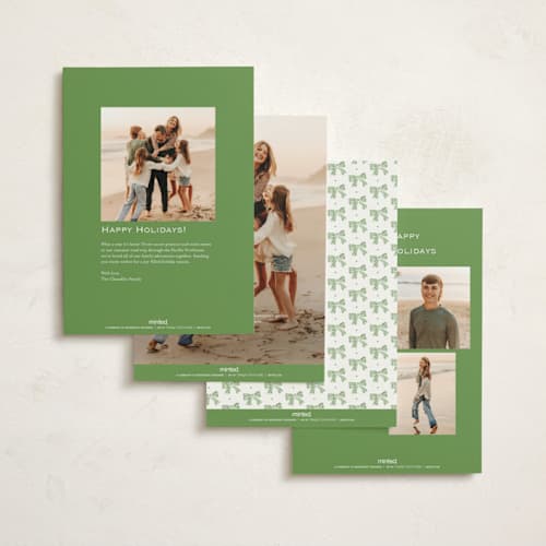 This is a sage non photo holiday cards with standard by Sara Hicks Malone called holiday bow printing on signature in standard