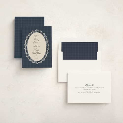 This is a midnight non photo holiday cards with standard by Jelena Vuletic called lacy printing on signature in standard