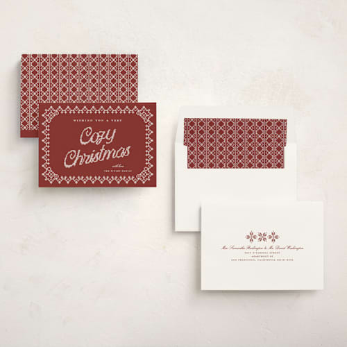 This is a poinsettia non photo holiday cards with standard by Kelly Watkins called coziest christmas printing on signature in standard
