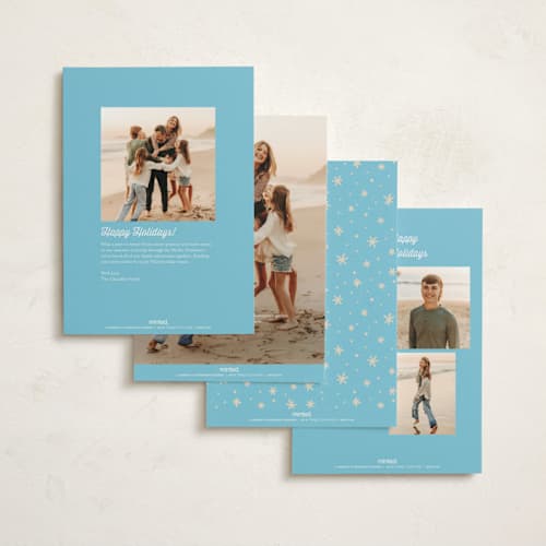 This is a bright aqua non photo holiday cards with standard by Angel Walker called let it snowman printing on signature in standard