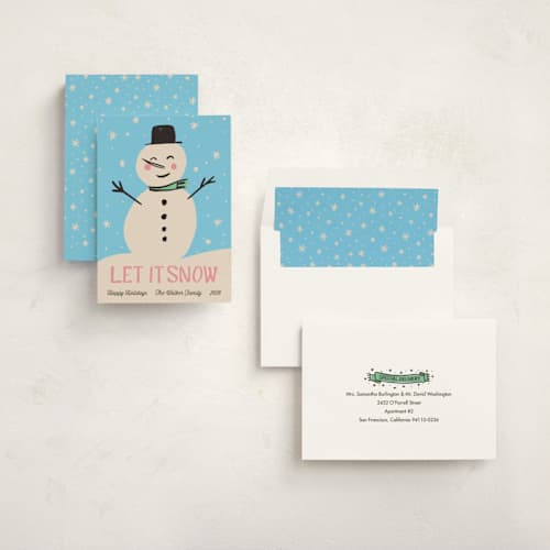 This is a bright aqua non photo holiday cards with standard by Angel Walker called let it snowman printing on signature in standard