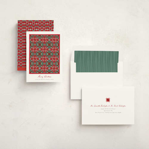 This is a cranberry non photo holiday cards with standard by frau brandt called quilted stars printing on signature in standard