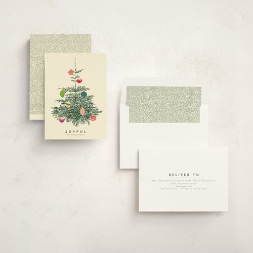 This is a ivory non photo holiday cards with standard by Baumbirdy called retro tree printing on signature in standard