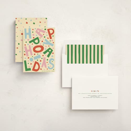 This is a cozy confetti non photo holiday cards with standard by Alisa Galitsyna called confetti type party printing on signature in standard