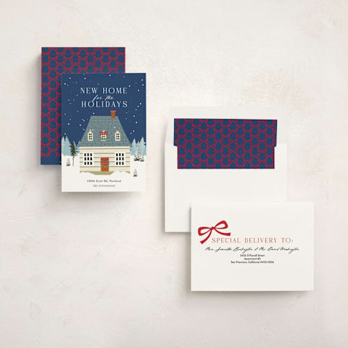 This is a navy non photo holiday cards with standard by Sherley Ferreira called new home for the holidays! printing on signature in standard