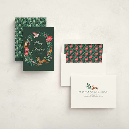 This is a forest non photo holiday cards with standard by Vivian Yiwing called woodland wreath printing on signature in standard