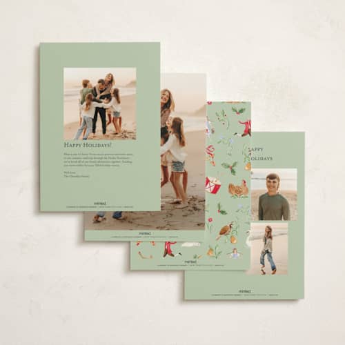 This is a pear tree non photo holiday cards with standard by Sarah Knight called 12 days of christmas stamps printing on signature in standard