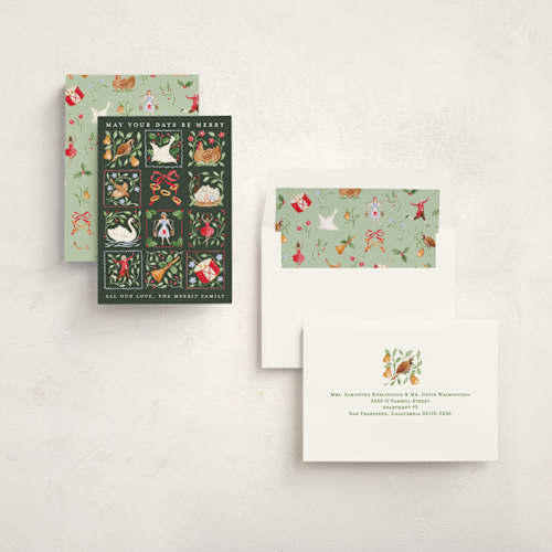 This is a pear tree non photo holiday cards with standard by Sarah Knight called 12 days of christmas stamps printing on signature in standard