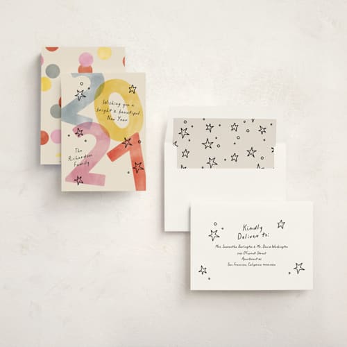 This is a party non photo holiday cards with standard by Pixel and Hank called new year stars printing on signature in standard