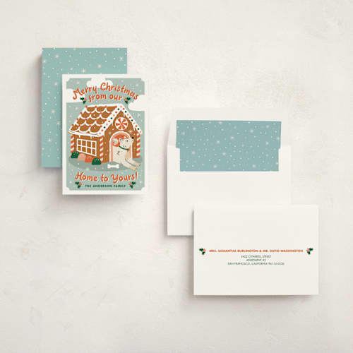 This is a cider non photo holiday cards with standard by THE SOCIAL TYPE WHOLESALE called gingerbread dog house printing on signature in standard