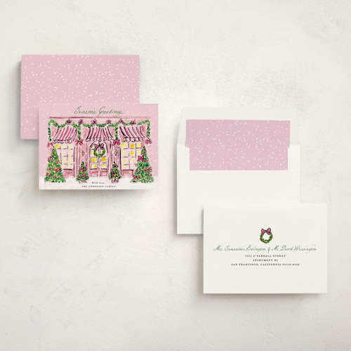 This is a rose glow non photo holiday cards with standard by Cass Loh called the jolly storefront printing on signature in standard