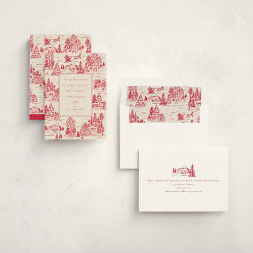 This is a crimson non photo holiday cards with standard by Jennifer Lew called christmas toile printing on signature in standard