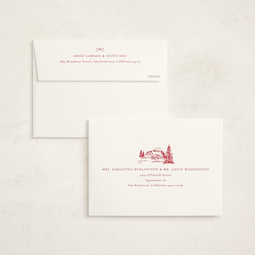This is a crimson non photo holiday cards with standard by Jennifer Lew called christmas toile printing on signature in standard